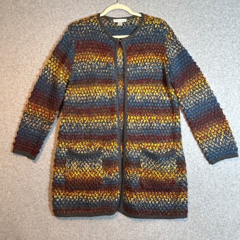 VTG 90s Cardigan Chunky Sweater Womens L Rainbow Open Front Boho Artsy